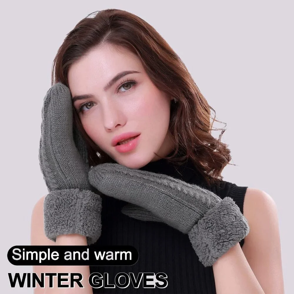 Women's Dark Gray Winter Warm Imported Fleece Lining Cozy Wool Knit Thick Gloves